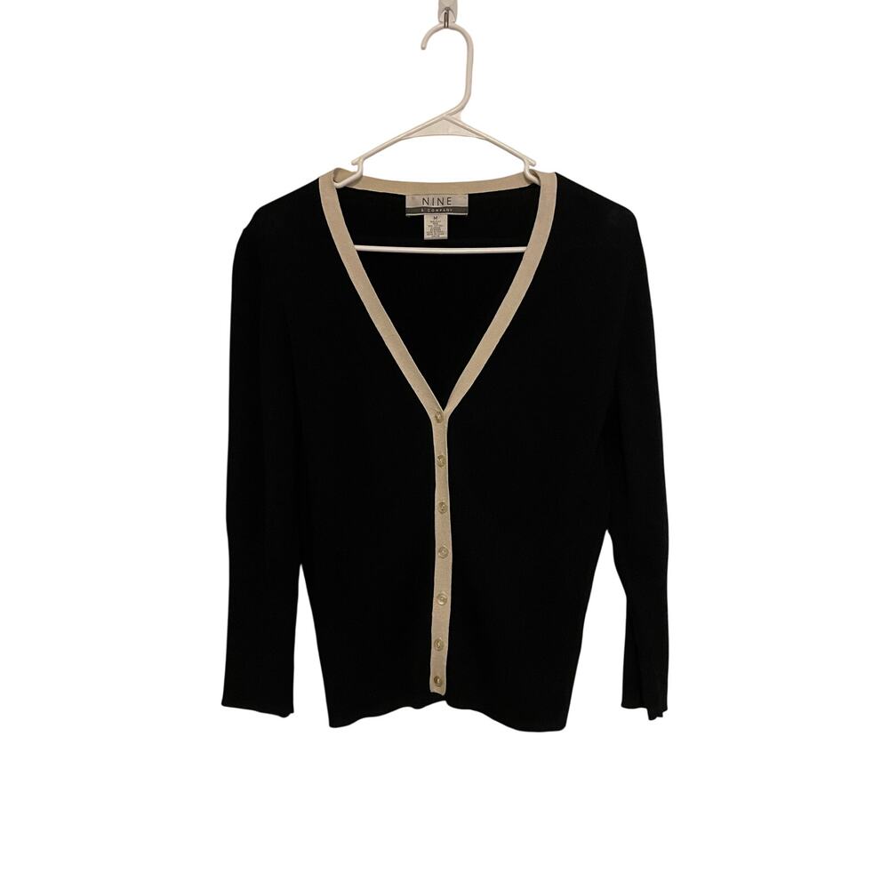 Nine & Co vintage silk cardigan sweater v-neck black cream buttons preppy Medium